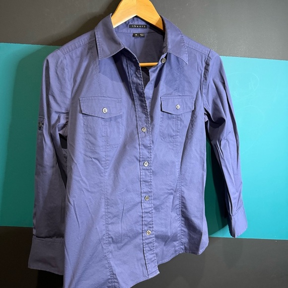 Theory Blue Button Down Shirt Classic Tailored Fit cotton blend size M - Picture 2 of 9